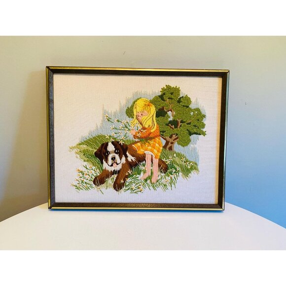 Vintage Needlepoint Wall Hanging, Sunset Design, Girl with Dog Embroidery - Picture 1 of 10